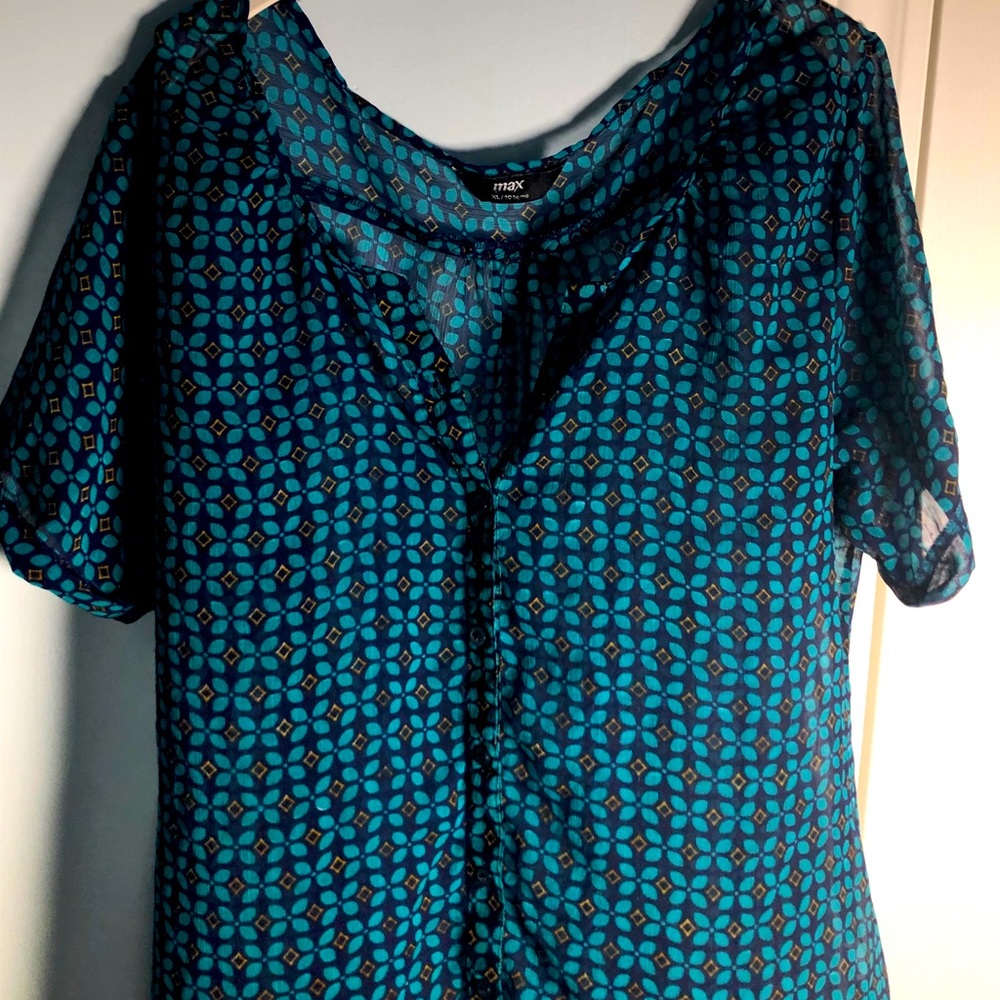 Turquoise Sheer Button-up Blouse